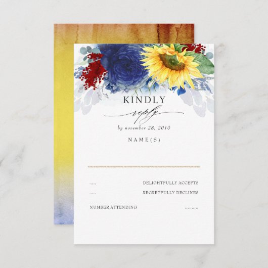 Geel Zonnebloem Blauw en Rood Herfst Bruiloft RSVP (Voorkant / Achterkant)
