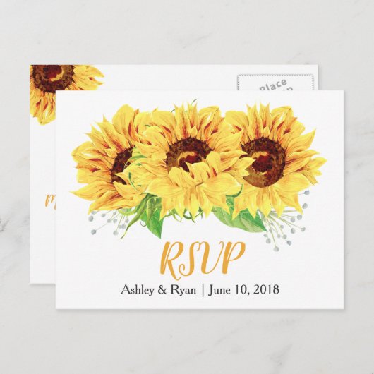 Geel Zonnebloem Bloemen Bruiloft RSVP Briefkaart (Voorkant / Achterkant)