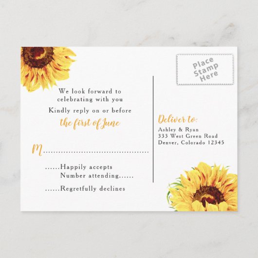 Geel Zonnebloem Bloemen Bruiloft RSVP Briefkaart (Achterkant)