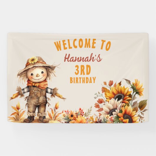 Geel Zonnebloem Boerderij Scarecrow Verjaardag Spandoek (Horizontaal)