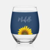 Geel Zonnebloem Botanische Marine Blauw Wijnglas Zonder Voet (Voorkant)