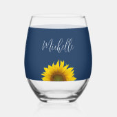 Geel Zonnebloem Botanische Marine Blauw Wijnglas Zonder Voet (Achterkant)