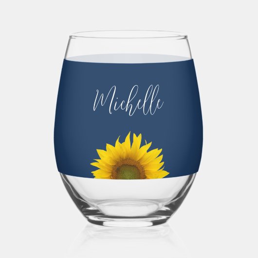 Geel Zonnebloem Botanische Marine Blauw Wijnglas Zonder Voet (Achterkant)