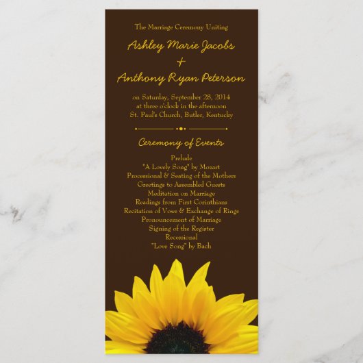 Geel Zonnebloem Bruin Bruidsbruiloft programma Programmakaart (Voorkant)