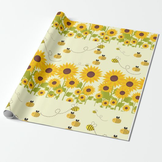 Geel Zonnebloem Bumble Bee Patroon Wrapping Paper Cadeaupapier (Uitgerold)