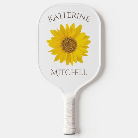 Geel Zonnebloem Custom Name Wit Pickleball Paddle (Voorkant)