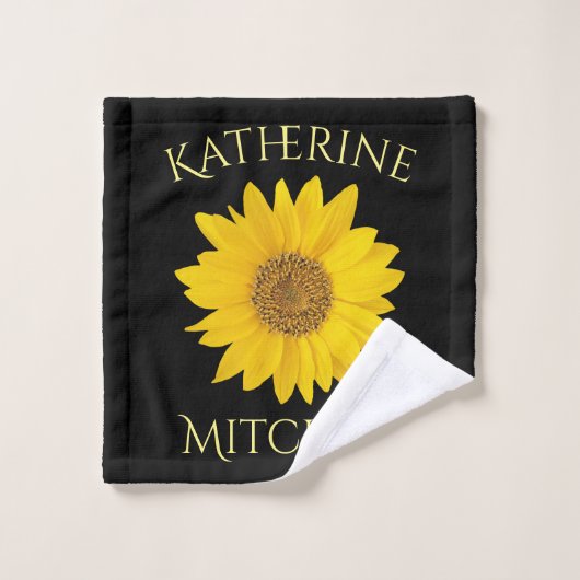 Geel Zonnebloem Custom Name Zwart Bad Handdoek (Wasdoekje)