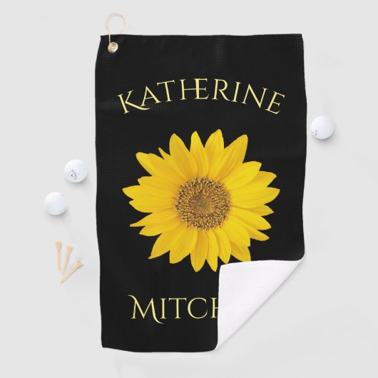 Geel Zonnebloem Custom Name Zwart Golfhanddoek (Insitu)