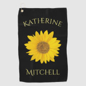 Geel Zonnebloem Custom Name Zwart Golfhanddoek (Voorkant)