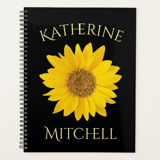 Geel Zonnebloem Custom Name Zwart Planner (Voorkant)