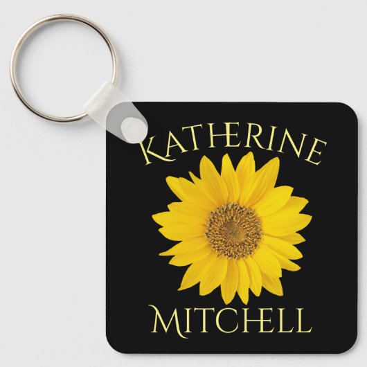 Geel Zonnebloem Custom Name Zwart Sleutelhanger (Voorkant)