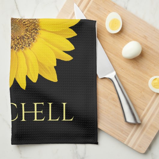 Geel Zonnebloem Custom Name Zwart Theedoek (Quarter Fold)