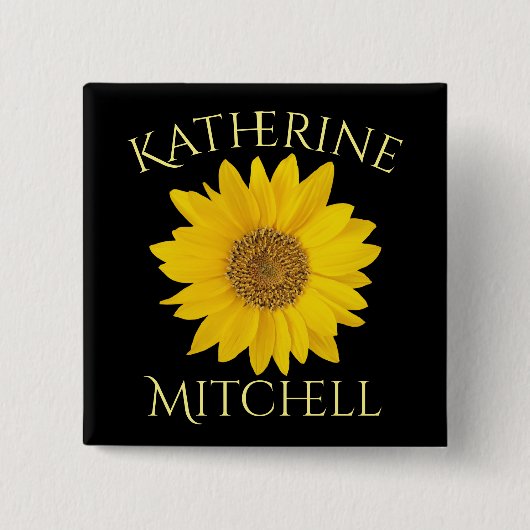 Geel Zonnebloem Custom Name Zwart Vierkante Button 5,1 Cm (Voorkant)