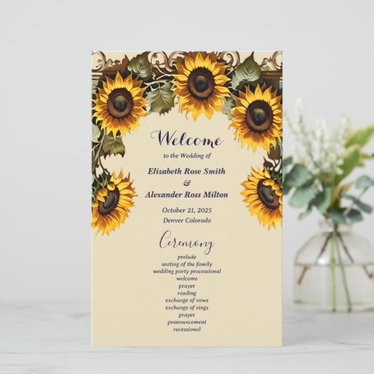  geel zonnebloem elegant huwelijksprogramma (Staand voorkant)