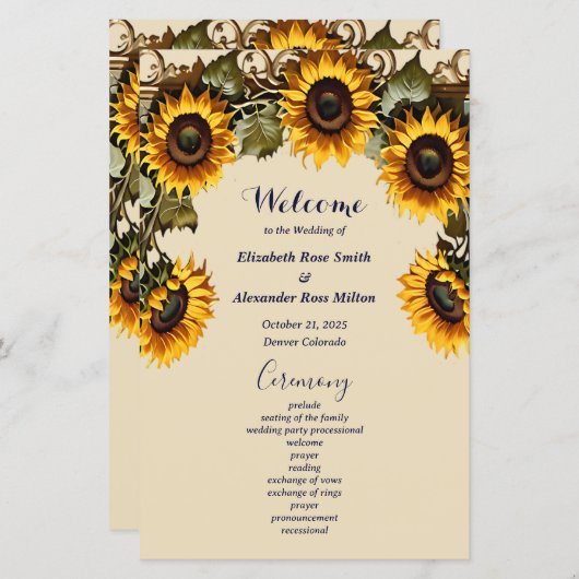 geel zonnebloem elegant huwelijksprogramma (Voorkant / Achterkant)