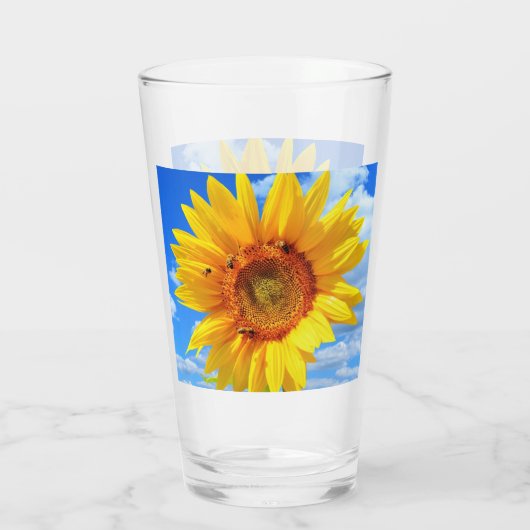 Geel Zonnebloem en Bijen op Blauw Hemelglas Glas (Achterkant)