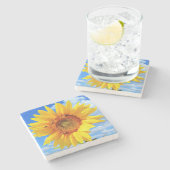 Geel Zonnebloem en Bijen Stone Onderzetter Blue Sk (Zijkant)
