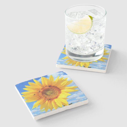 Geel Zonnebloem en Bijen Stone Onderzetter Blue Sk (Zijkant)