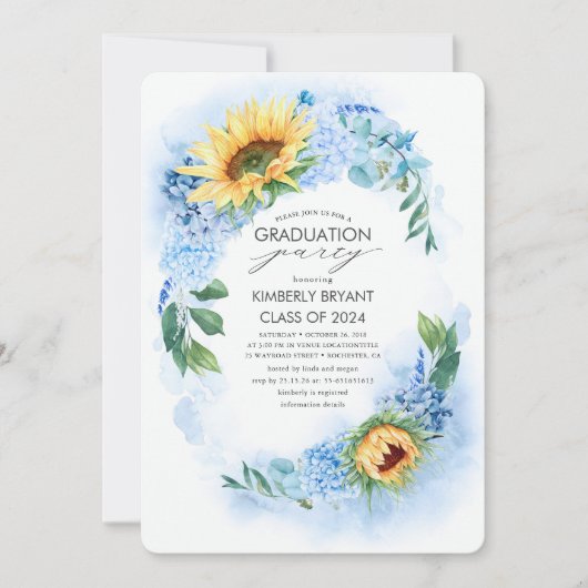 Geel Zonnebloem en Blauw Hydrangea Afstuderen Kaart (Voorkant)