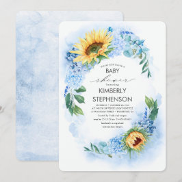 Geel Zonnebloem en Blauw Hydrangea Baby shower Kaart
