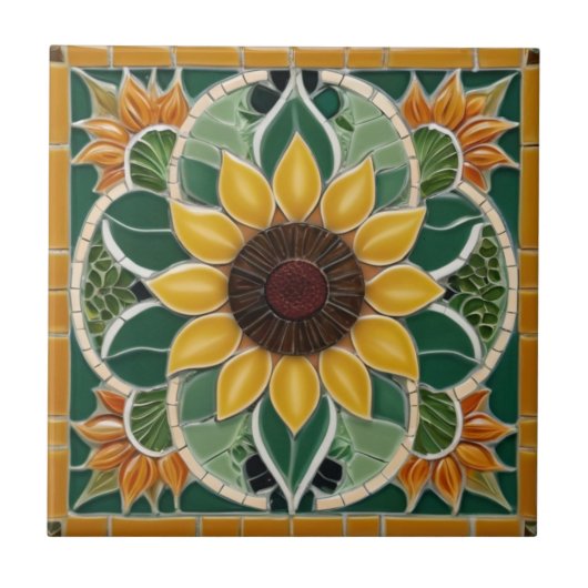 Geel Zonnebloem Faux Mozaïek Donkergroen Tegeltje (Voorkant)
