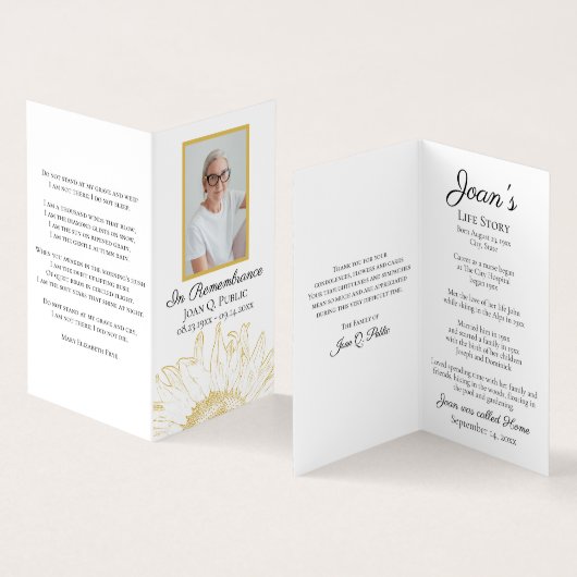 Geel Zonnebloem Grafisch Uitvaartmonument Gebed Visitekaartje (Binnen en buitenkant)