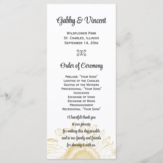 Geel zonnebloem Grafisch Weddenschap Programma Programmakaart (Voorkant)