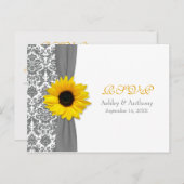 Geel Zonnebloem Grijs Damast Bruiloft RSVP Briefka Uitnodiging Briefkaart (Voorkant / Achterkant)