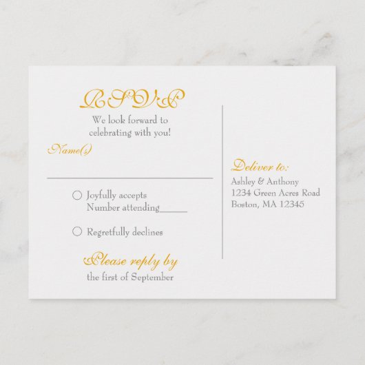 Geel Zonnebloem Grijs Damast Bruiloft RSVP Briefka Uitnodiging Briefkaart (Achterkant)