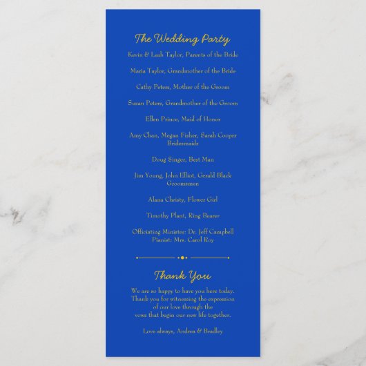 Geel Zonnebloem Kobalt Blauw Huwelijksprogramma Programmakaart (Achterkant)