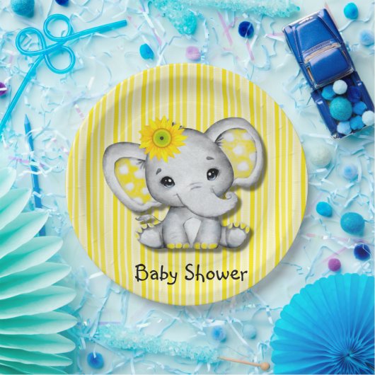 Geel zonnebloem olifant Baby shower Papieren Bordje (Feest)