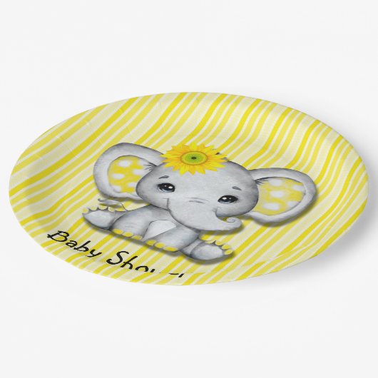 Geel zonnebloem olifant Baby shower Papieren Bordje (Gekanteld)