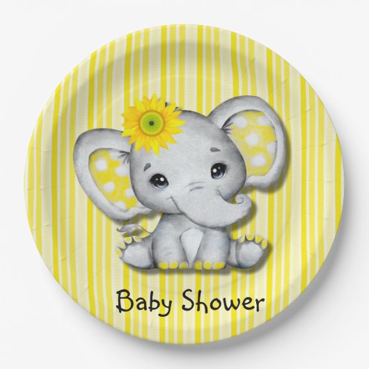 Geel zonnebloem olifant Baby shower Papieren Bordje (Voorkant)