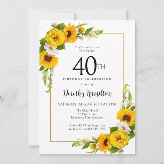 Geel Zonnebloem Wit Daisy Bloemen 40e Verjaardag Kaart (Voorkant)