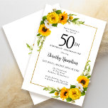 Geel Zonnebloem Wit Daisy Floral 50ste verjaardag Kaart<br><div class="desc">gele zonnebloem bloemenkaart 50e verjaardag. Gele pioenen en witte madeliefjes mengen zich met de zonnebloemen. Een rechthoekig gouden lijst geeft het een elegante vibe. Zeer gemakkelijk aan te passen. Die rug is wit met een zonnebloemboeket. Dit is perfect voor een zomerse verjaardagsviering. Dit item is een feestje van het Yellow...</div>