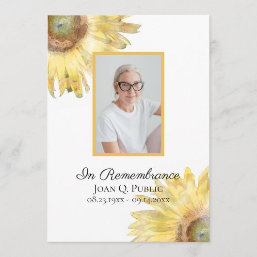 Geel Zonnebloemen Begrafenisdienst Programmakaart (Voorkant)