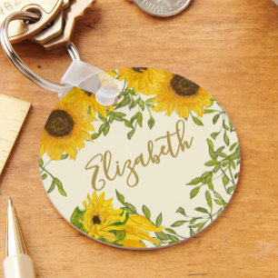 Geel Zonnebloemen Bloemen aangepaste naam beige Sleutelhanger