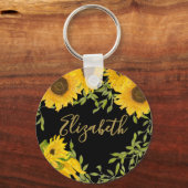 Geel Zonnebloemen Bloemen aangepaste naam zwart Sleutelhanger (Voorkant)