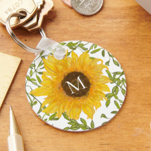 Geel Zonnebloemen Bloemen op maat monogram Sleutelhanger