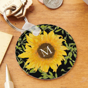 Geel Zonnebloemen Bloemen op maat monogram zwart Sleutelhanger