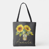 geel zonnebloemen zwart minimalistische naam tote bag (Achterkant)