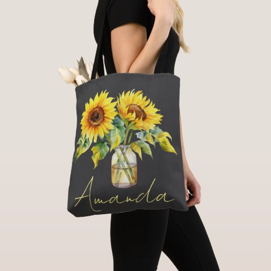 geel zonnebloemen zwart minimalistische naam tote bag (Dichtbij)