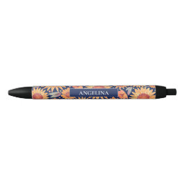 Geel zonnebloempatroon Navy Blue, gepersonaliseerd Zwarte Inkt Pen