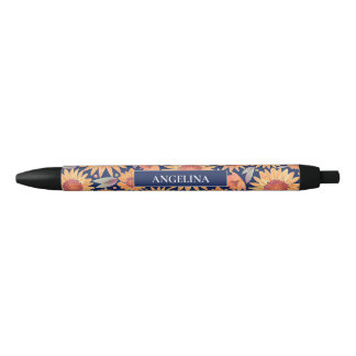 Geel zonnebloempatroon Navy Blue, gepersonaliseerd Zwarte Inkt Pen