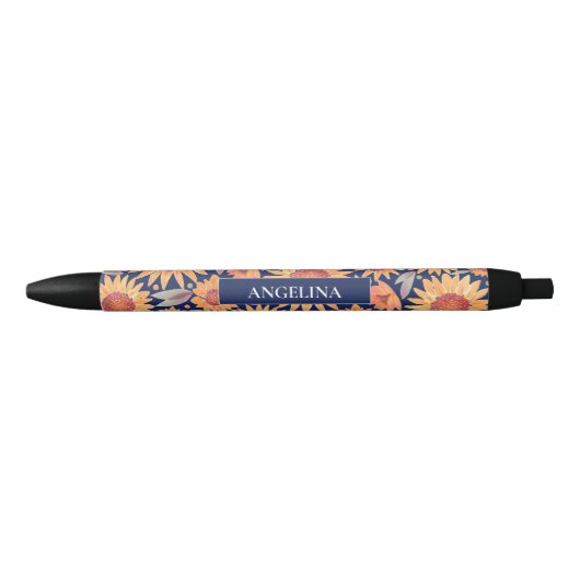 Geel zonnebloempatroon Navy Blue, gepersonaliseerd Zwarte Inkt Pen (Voorkant)