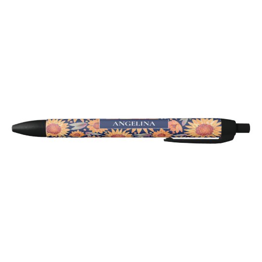 Geel zonnebloempatroon Navy Blue, gepersonaliseerd Zwarte Inkt Pen (Bodem)