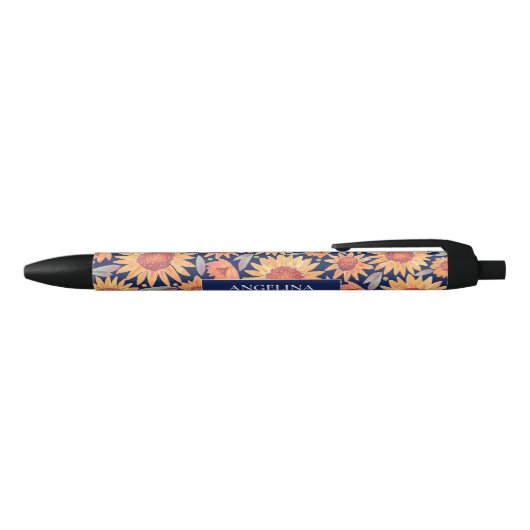 Geel zonnebloempatroon Navy Blue, gepersonaliseerd Zwarte Inkt Pen (Bovenkant)
