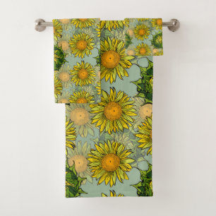 Geel zonnebloempatroon op Blauwgroen achtergrond Bad Handdoek