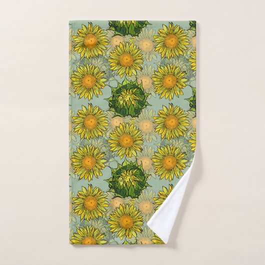 Geel zonnebloempatroon op Blauwgroen achtergrond Bad Handdoek (Handdoek)