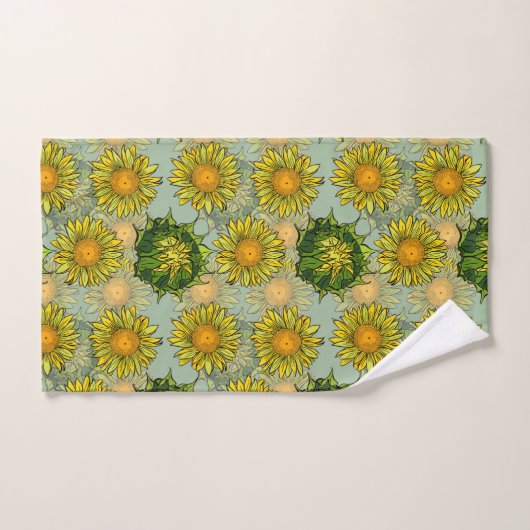 Geel zonnebloempatroon op Blauwgroen achtergrond Bad Handdoek (Handdoek)